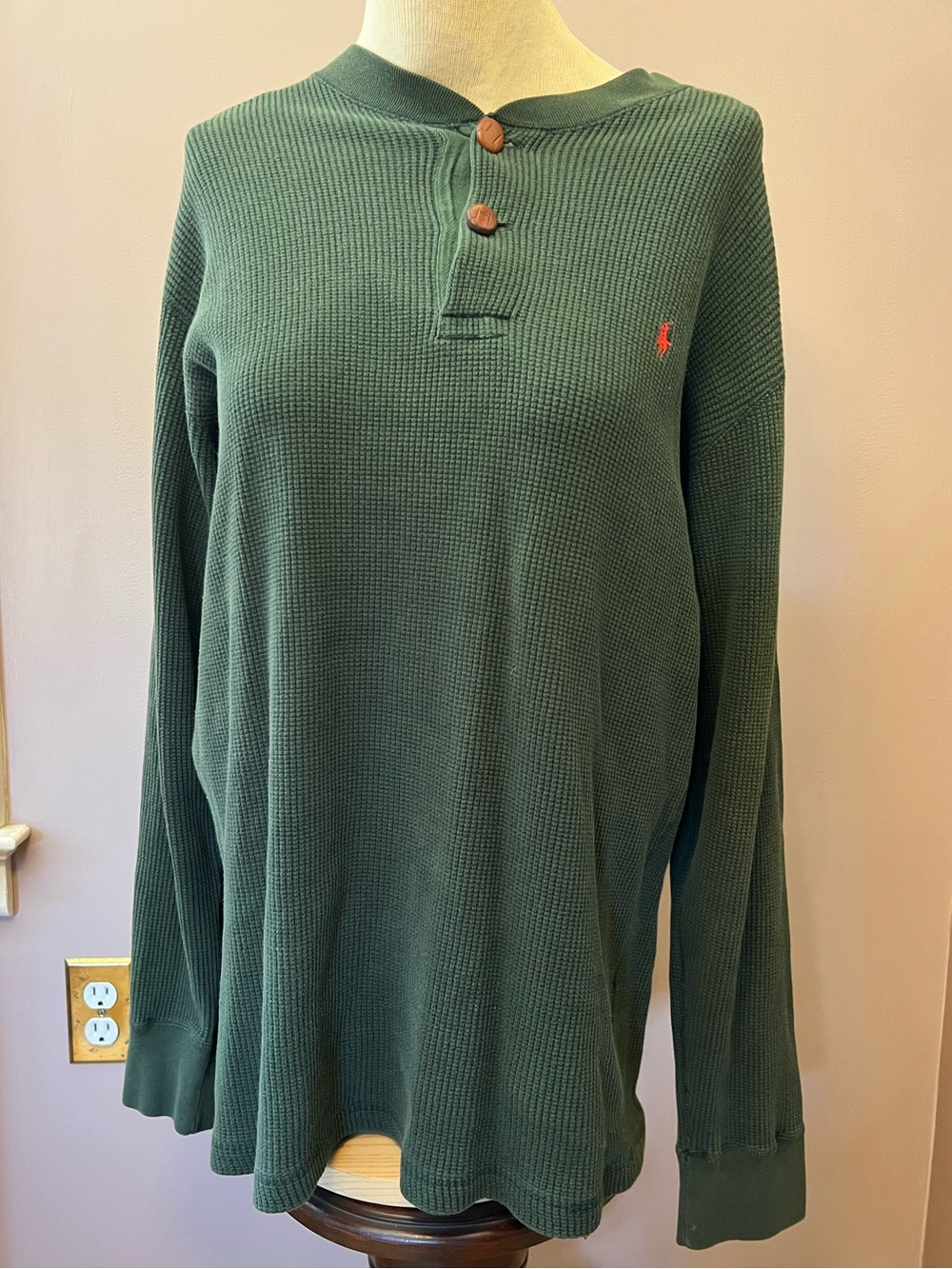 Polo Ralph Lauren Forest Green Waffle Knit Henley Wood like Button Size XL Flaws